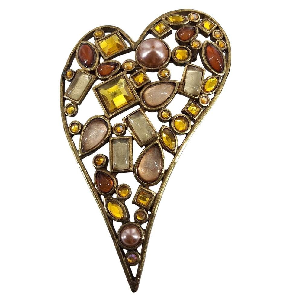Vintage Style Amber Crystal & Faux Pearl Heart Statement Brooch Pin